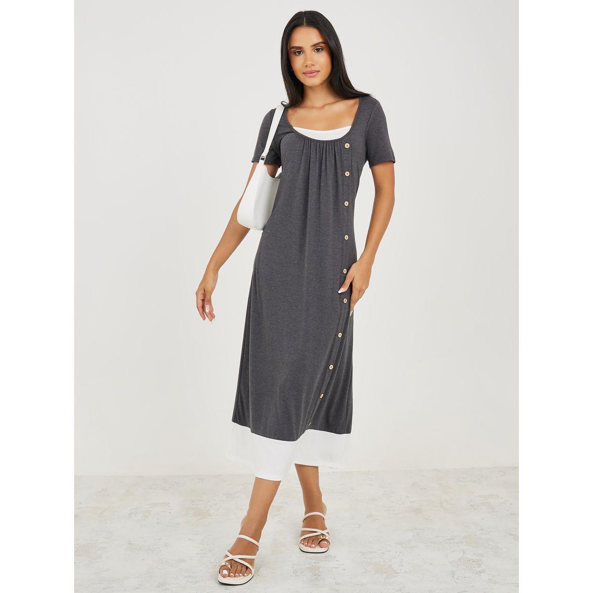 Styli 2in1 Style Scoop Neck Button Trim Midi Dress-women-clothing-dresses-image-1