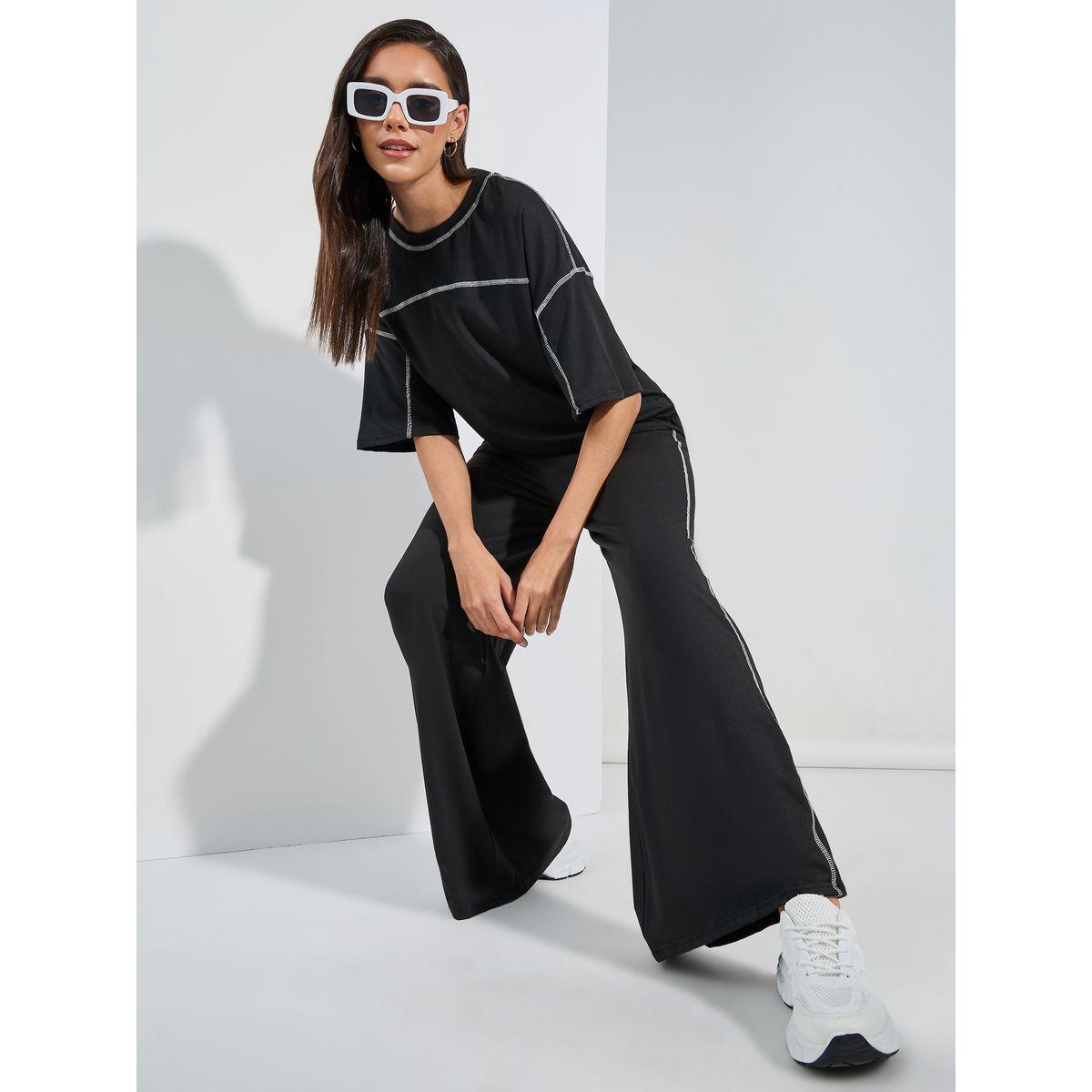 Styli Contrast Overlock Oversized T-Shirt & Wide Leg Joggers Co-Ords-women-clothing-coordsets-image-1