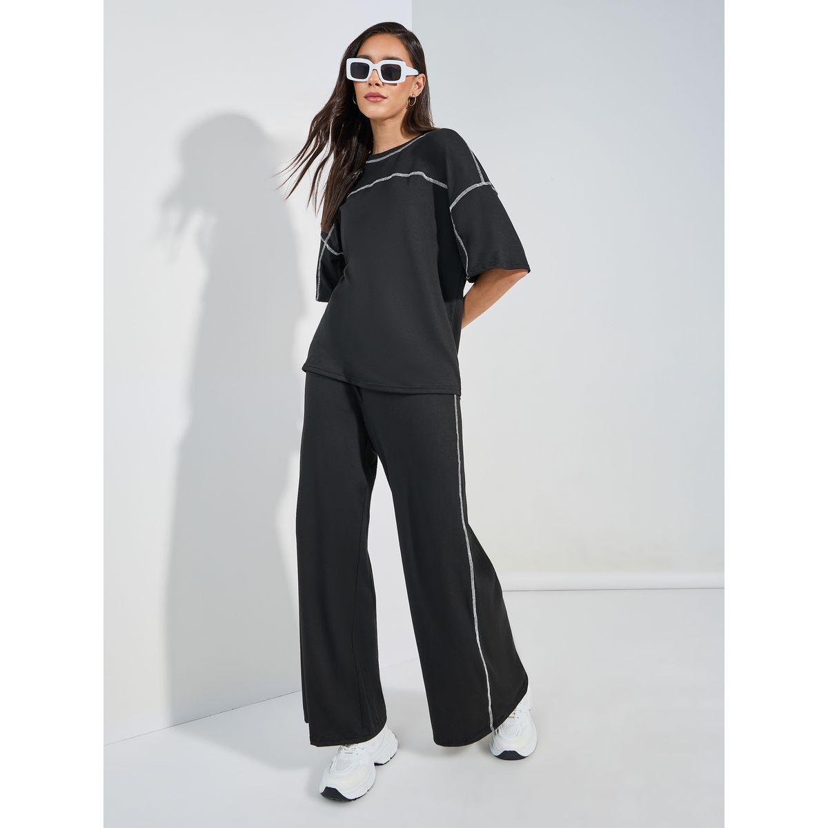Styli Contrast Overlock Oversized T-Shirt & Wide Leg Joggers Co-Ords-women-clothing-coordsets-image-2