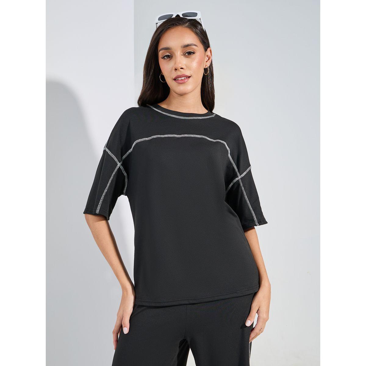 Styli Contrast Overlock Oversized T-Shirt & Wide Leg Joggers Co-Ords-women-clothing-coordsets-image-3