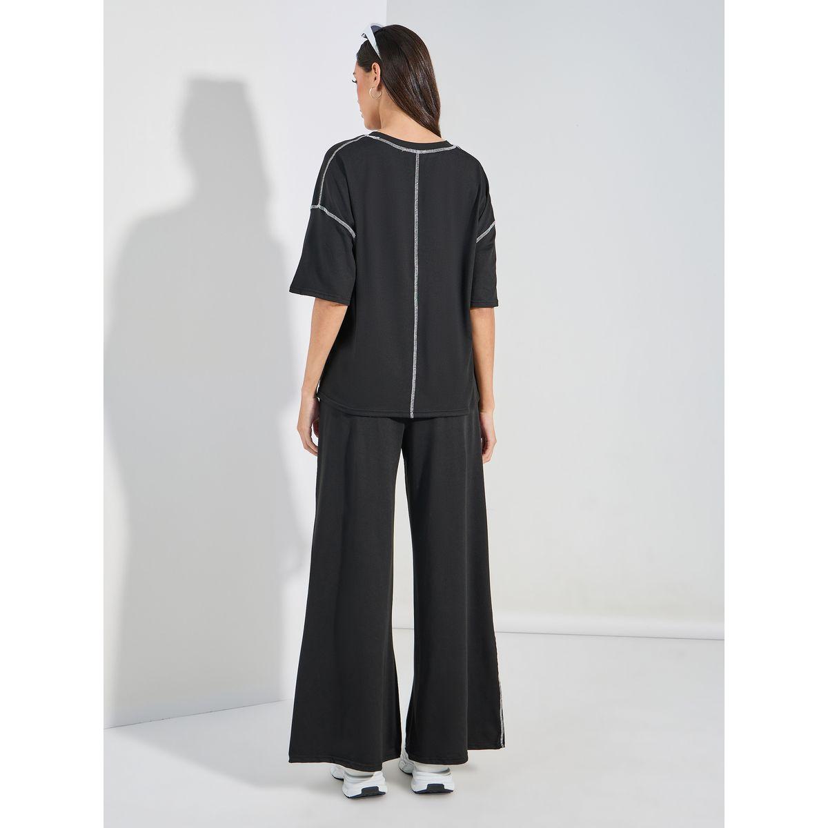 Styli Contrast Overlock Oversized T-Shirt & Wide Leg Joggers Co-Ords-women-clothing-coordsets-image-6