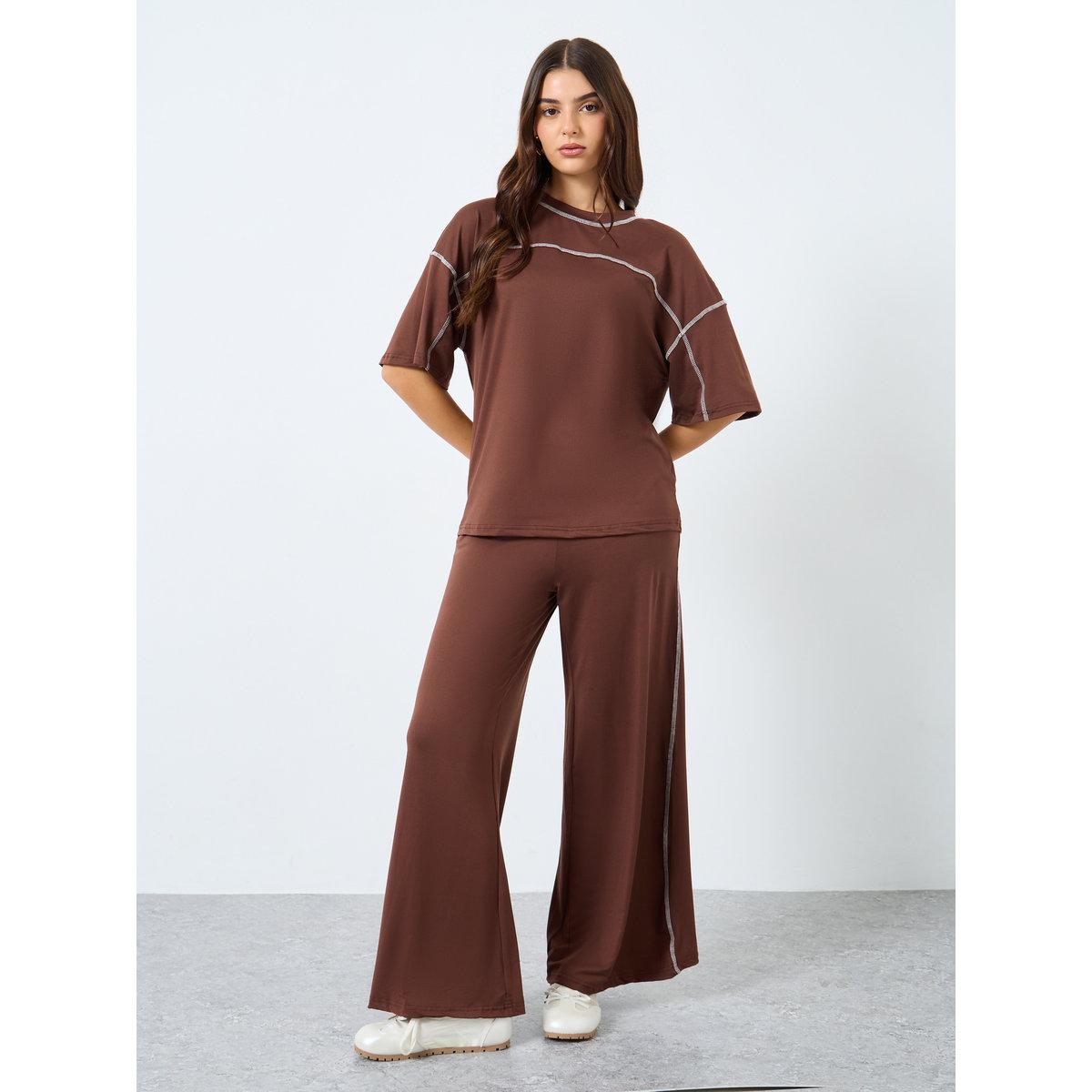 Styli Coffee Brown Oversized T-Shirt and Wide Leg Joggers Co-Ords-women-clothing-coordsets-image-1