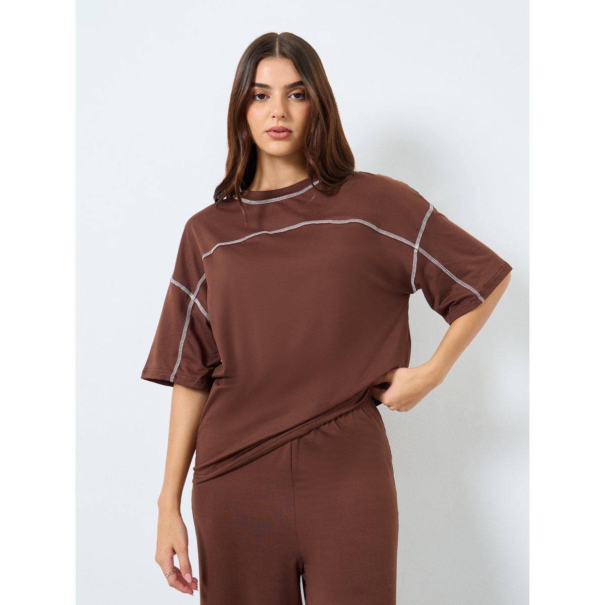 Styli Coffee Brown Oversized T-Shirt and Wide Leg Joggers Co-Ords-women-clothing-coordsets-image-2