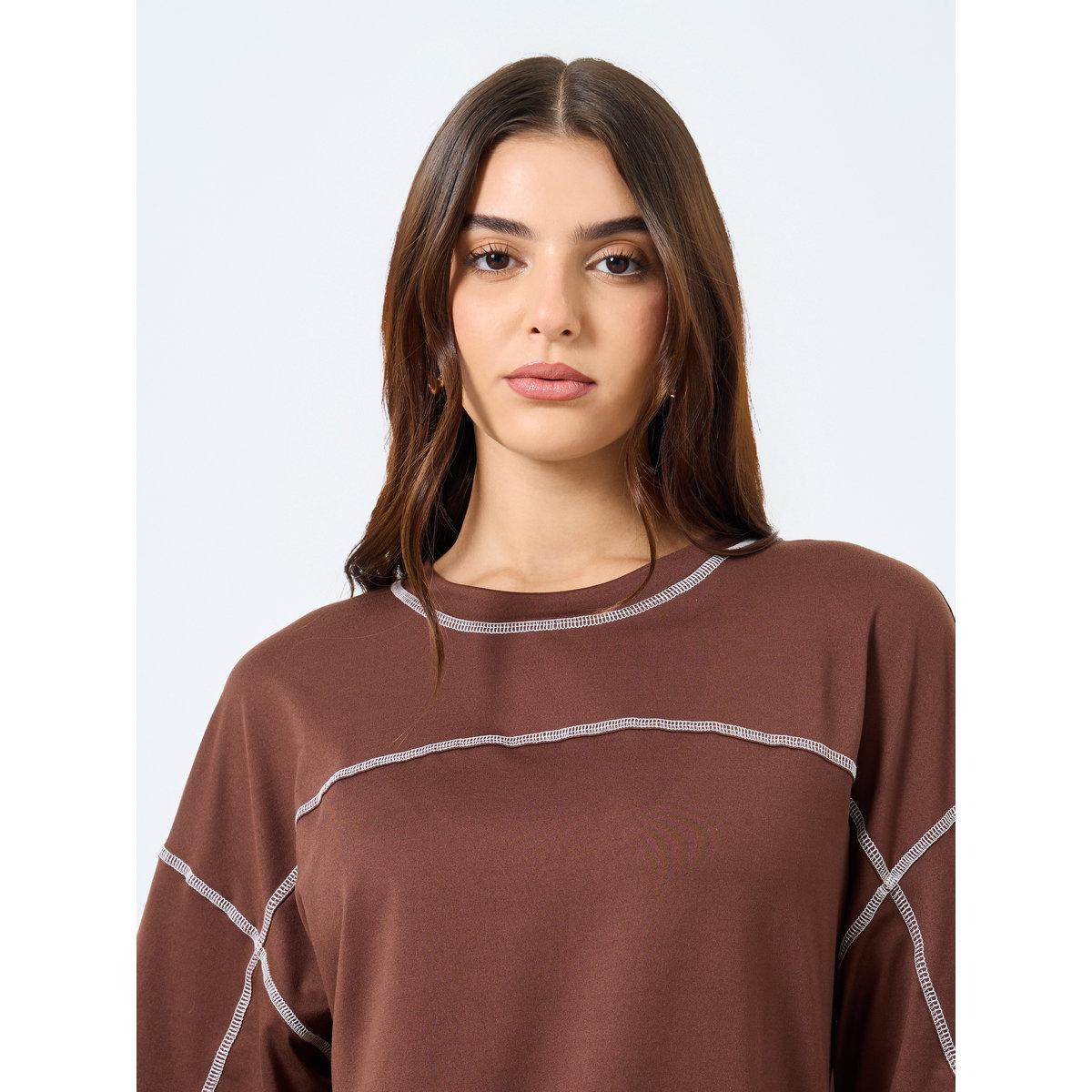 Styli Coffee Brown Oversized T-Shirt and Wide Leg Joggers Co-Ords-women-clothing-coordsets-image-3