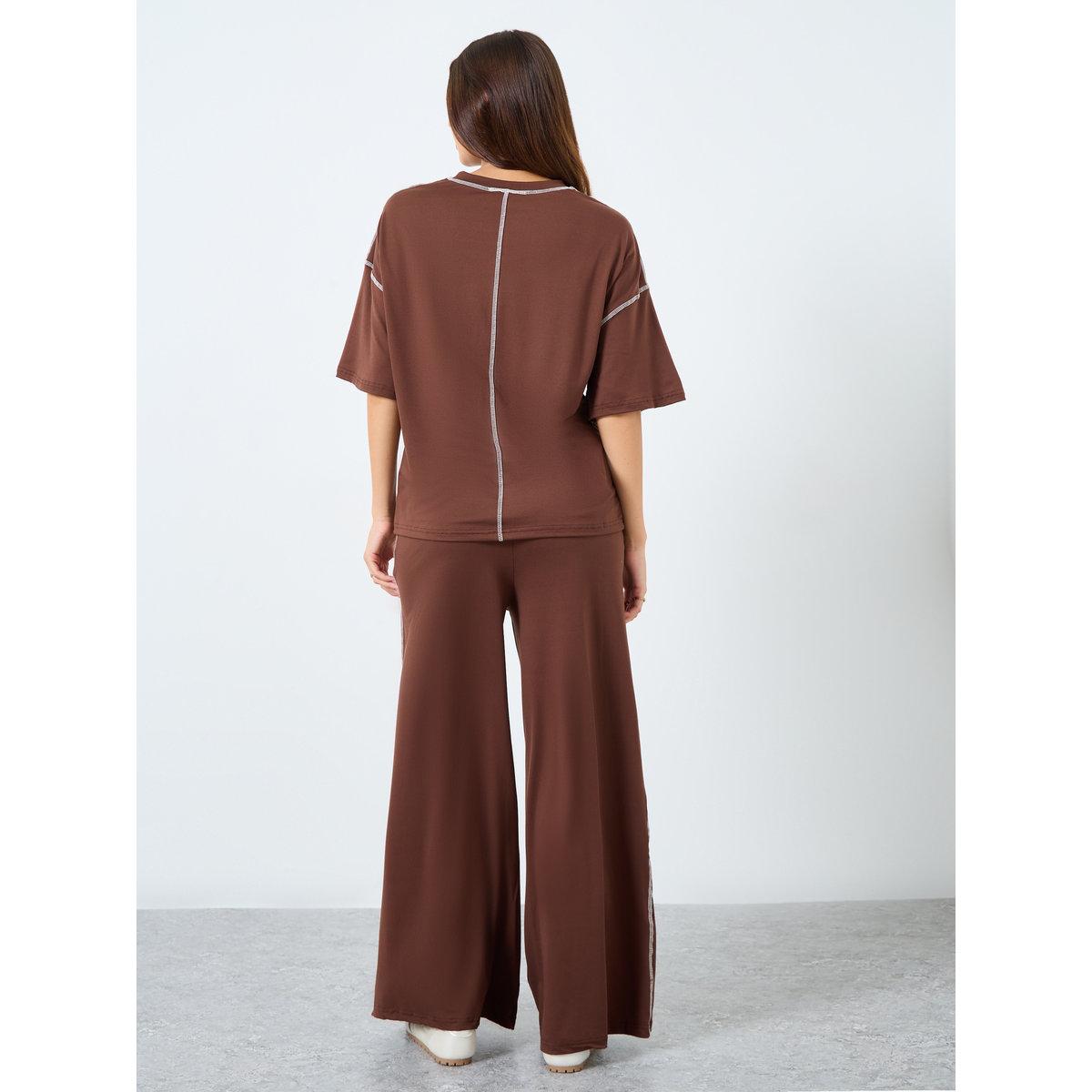 Styli Coffee Brown Oversized T-Shirt and Wide Leg Joggers Co-Ords-women-clothing-coordsets-image-5