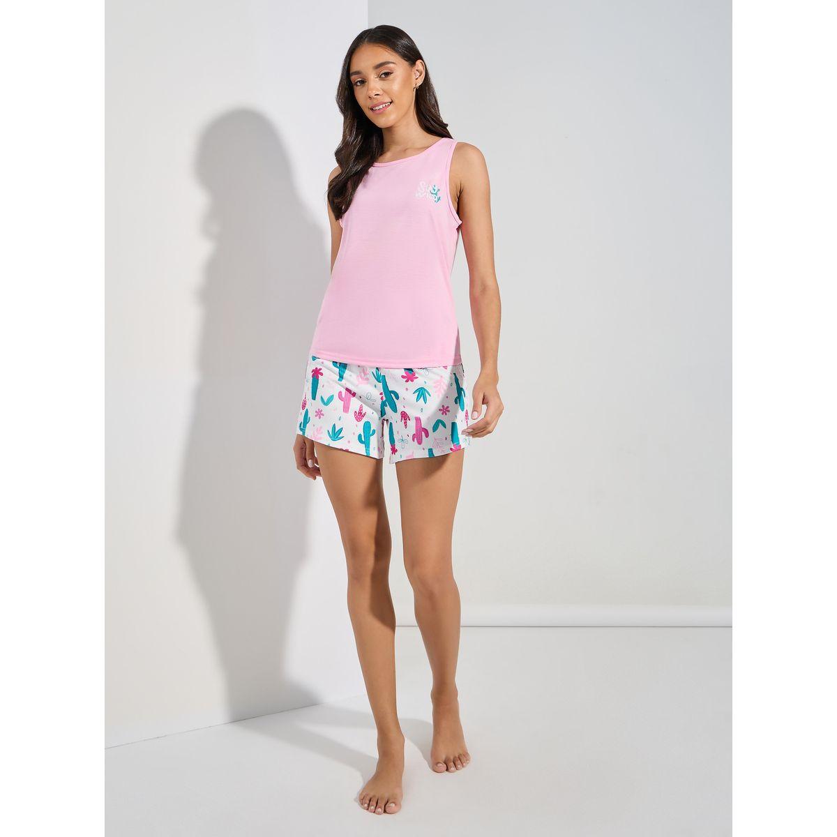 Styli Unwind Stay Wild Graphic Vest & Cactus Print Short Pyjama Set-women-clothing-nightwear-pyjamas-shortsets-image-2