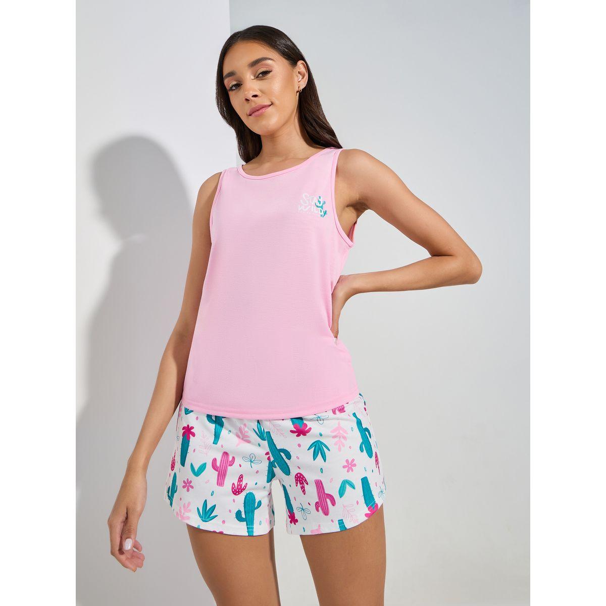 Styli Unwind Stay Wild Graphic Vest & Cactus Print Short Pyjama Set-women-clothing-nightwear-pyjamas-shortsets-image-3