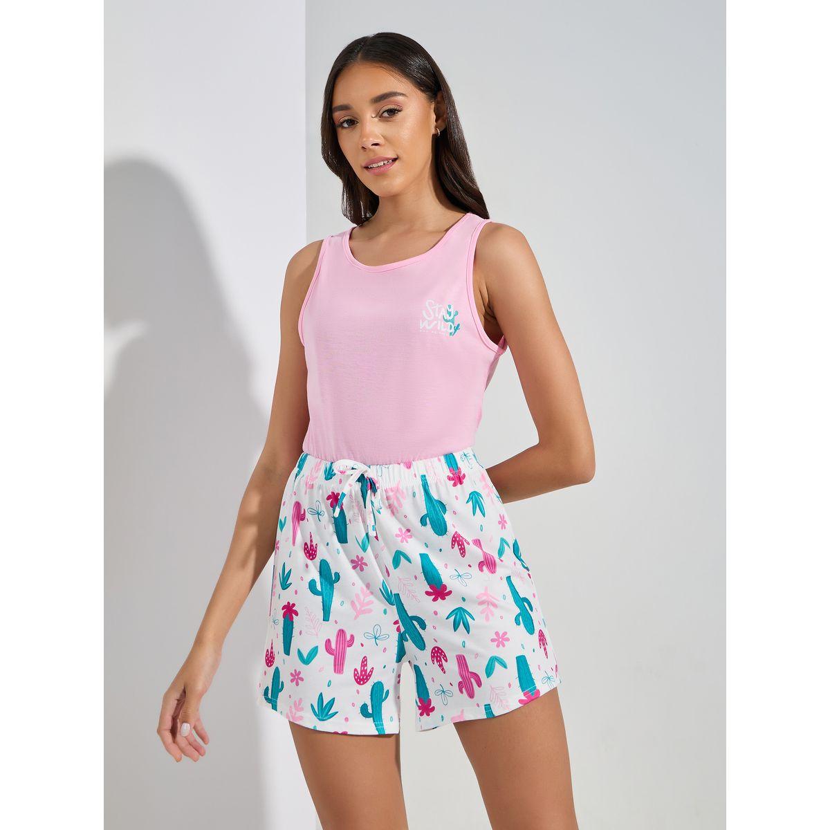 طقم من شورت بيجاما مع فيست بطبعة جرافيك-women-clothing-nightwear-pyjamas-shortsets-image-5