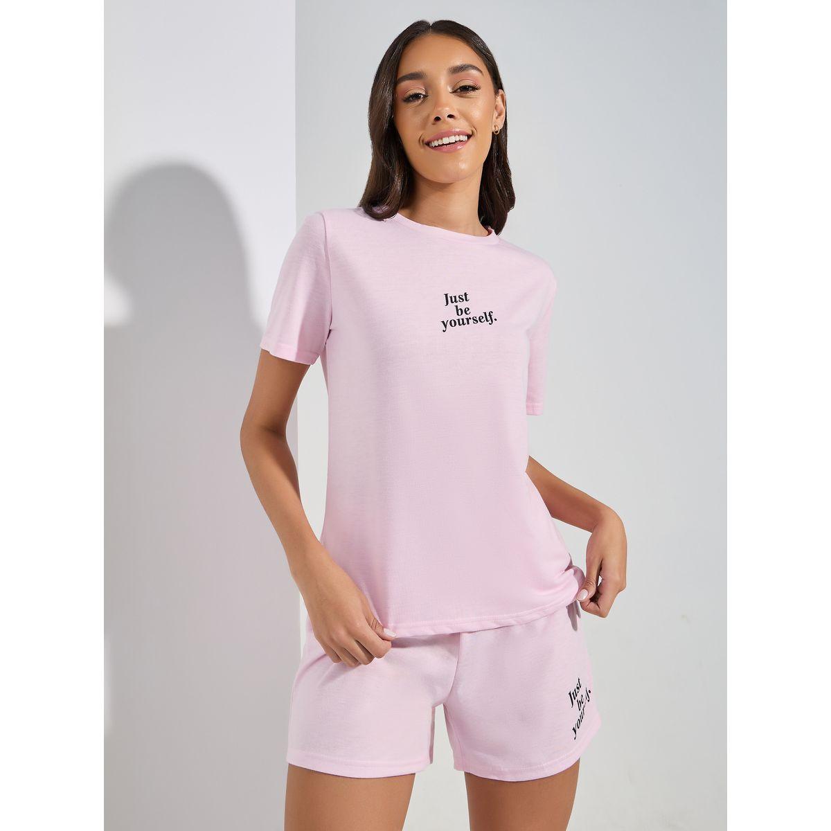 Styli Unwind Just Be Yourself Slogan Print T-shirt & Short Pyjama Set-women-clothing-nightwear-pyjamas-shortsets-image-1