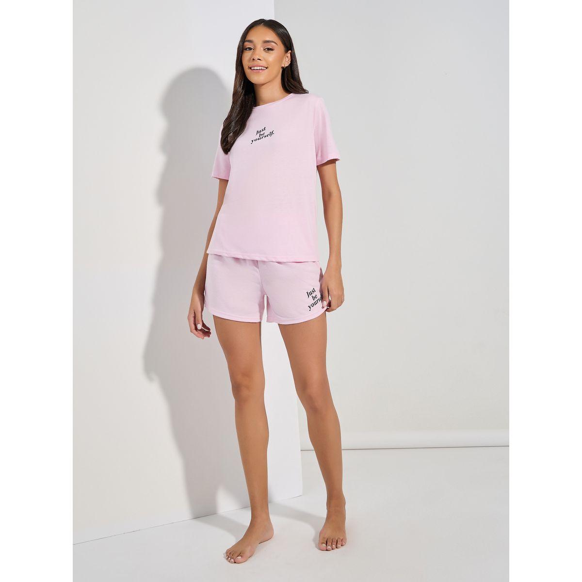 Styli Unwind Just Be Yourself Slogan Print T-shirt & Short Pyjama Set-women-clothing-nightwear-pyjamas-shortsets-image-2