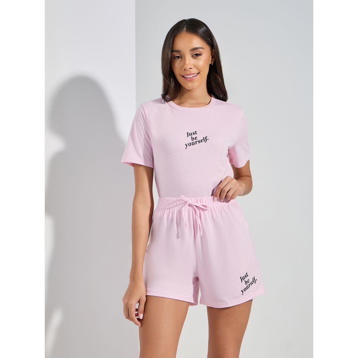 Styli Unwind Just Be Yourself Slogan Print T-shirt & Short Pyjama Set-women-clothing-nightwear-pyjamas-shortsets-image-4
