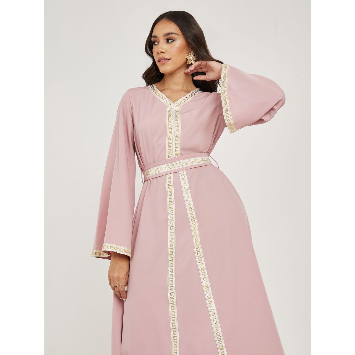 Styli Lace Trim Flute Sleeves Kaftan with Tie Belt-women-arabicclothing-kaftan-image-2