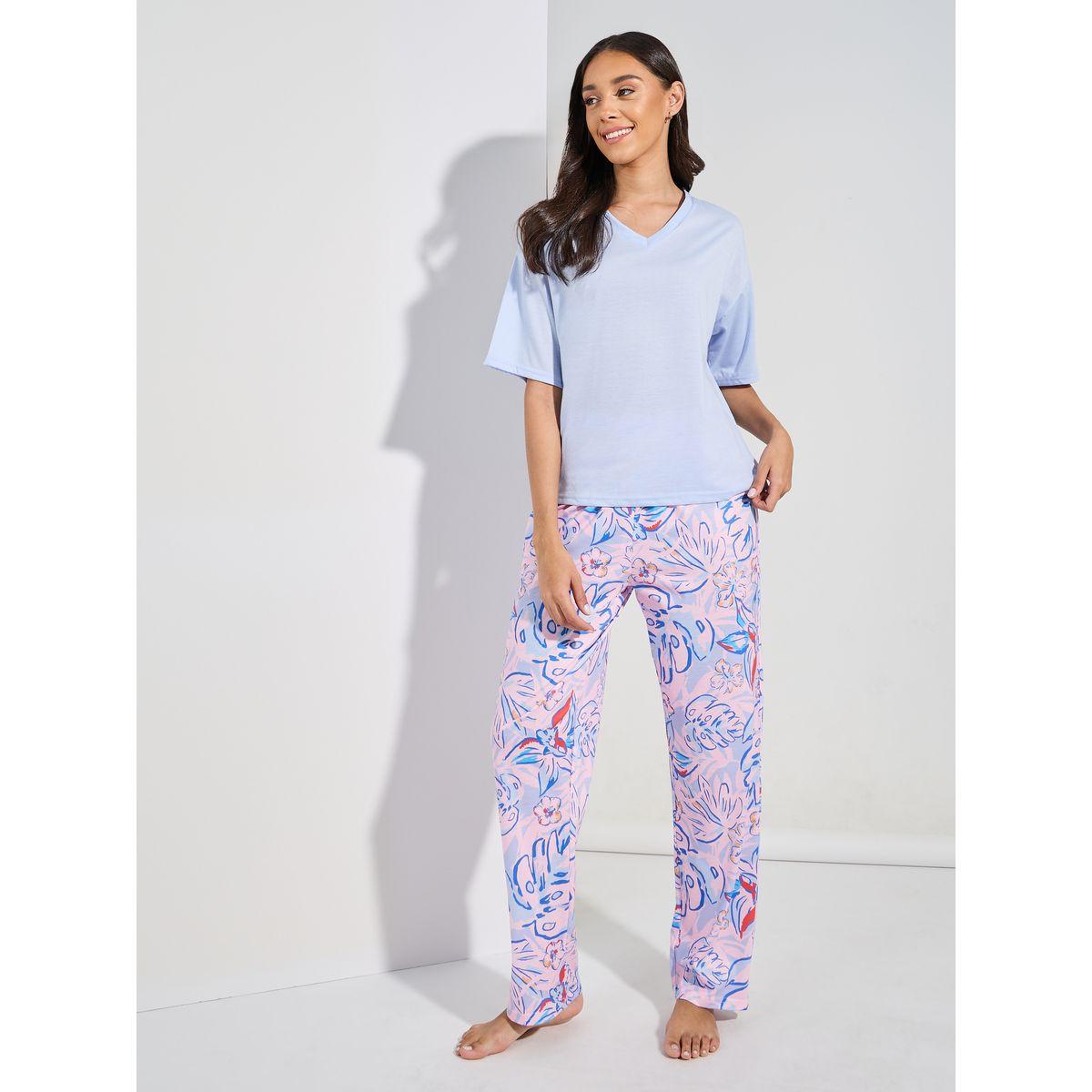 طقم من بنطال بيجاما مع تيشيرت سادة-women-clothing-nightwear-pyjamas-longsets-image-6