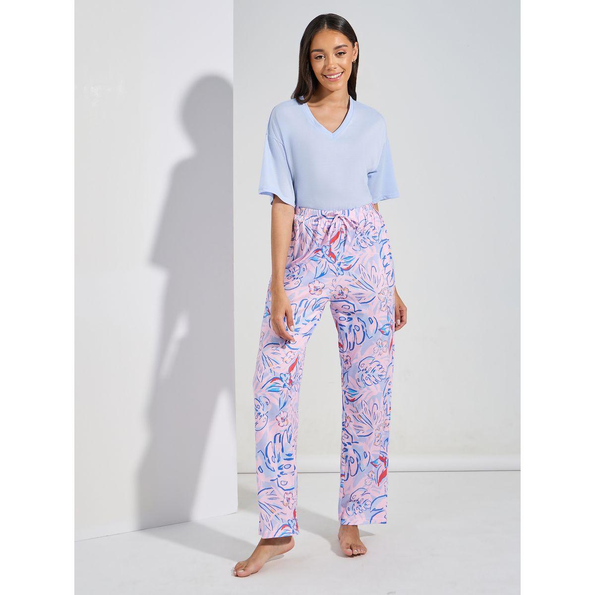 Styli Unwind Solid T-Shirt & Leafy Print Pyjama Set-women-clothing-nightwear-pyjamas-longsets-image-4