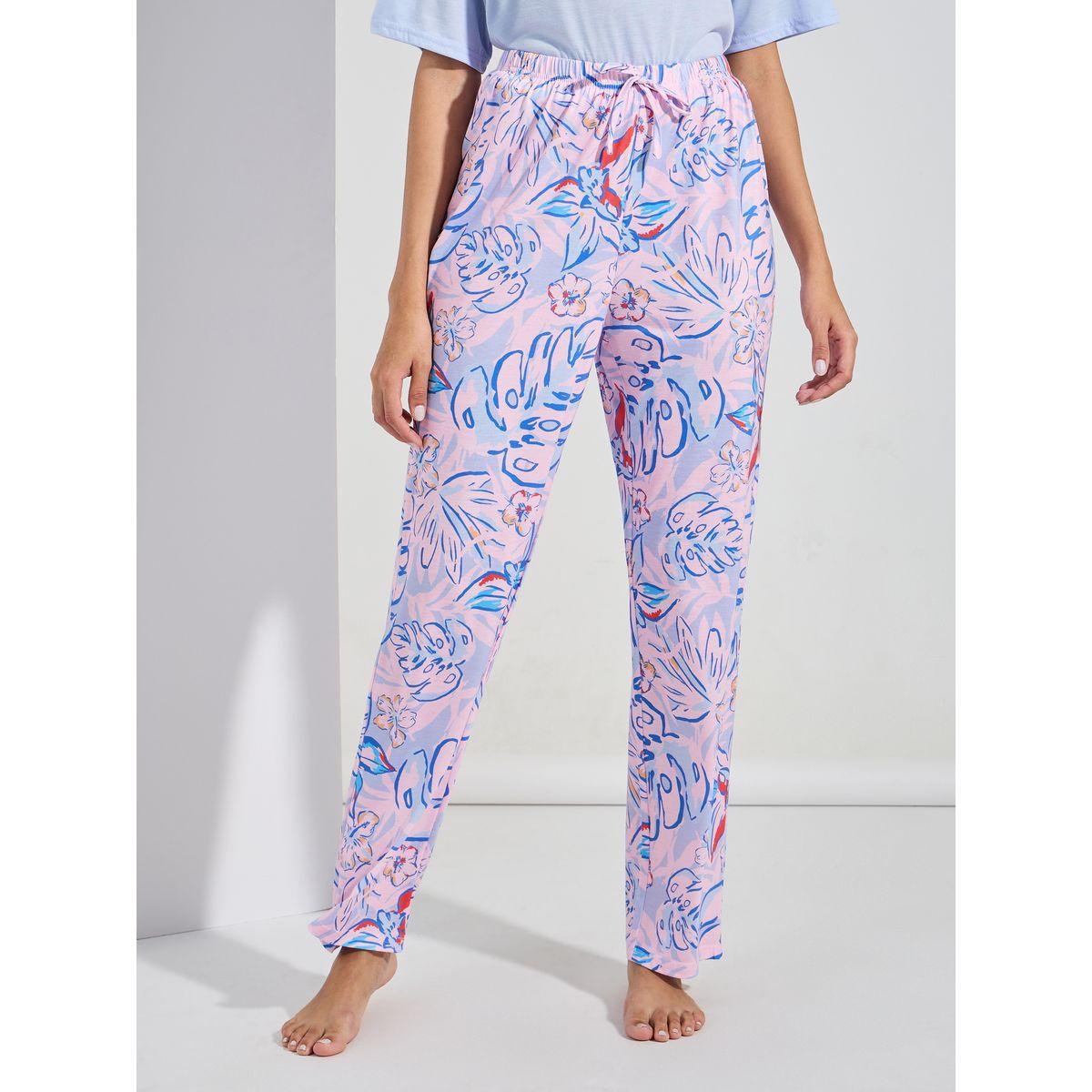 Styli Unwind Solid T-Shirt & Leafy Print Pyjama Set-women-clothing-nightwear-pyjamas-longsets-image-5