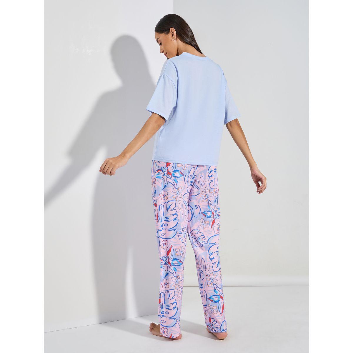 طقم من بنطال بيجاما مع تيشيرت سادة-women-clothing-nightwear-pyjamas-longsets-image-1