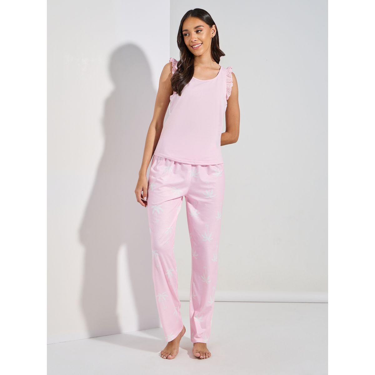 Styli Unwind Schiffli Trim Solid Vest & Shell Print Pyjama Set-women-clothing-nightwear-pyjamas-longsets-image-1