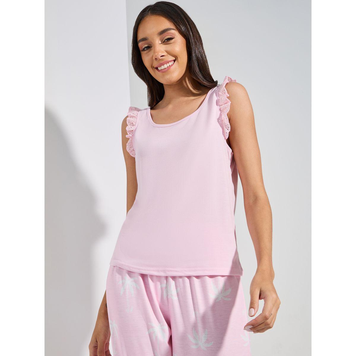 Styli Unwind Schiffli Trim Solid Vest & Shell Print Pyjama Set-women-clothing-nightwear-pyjamas-longsets-image-2