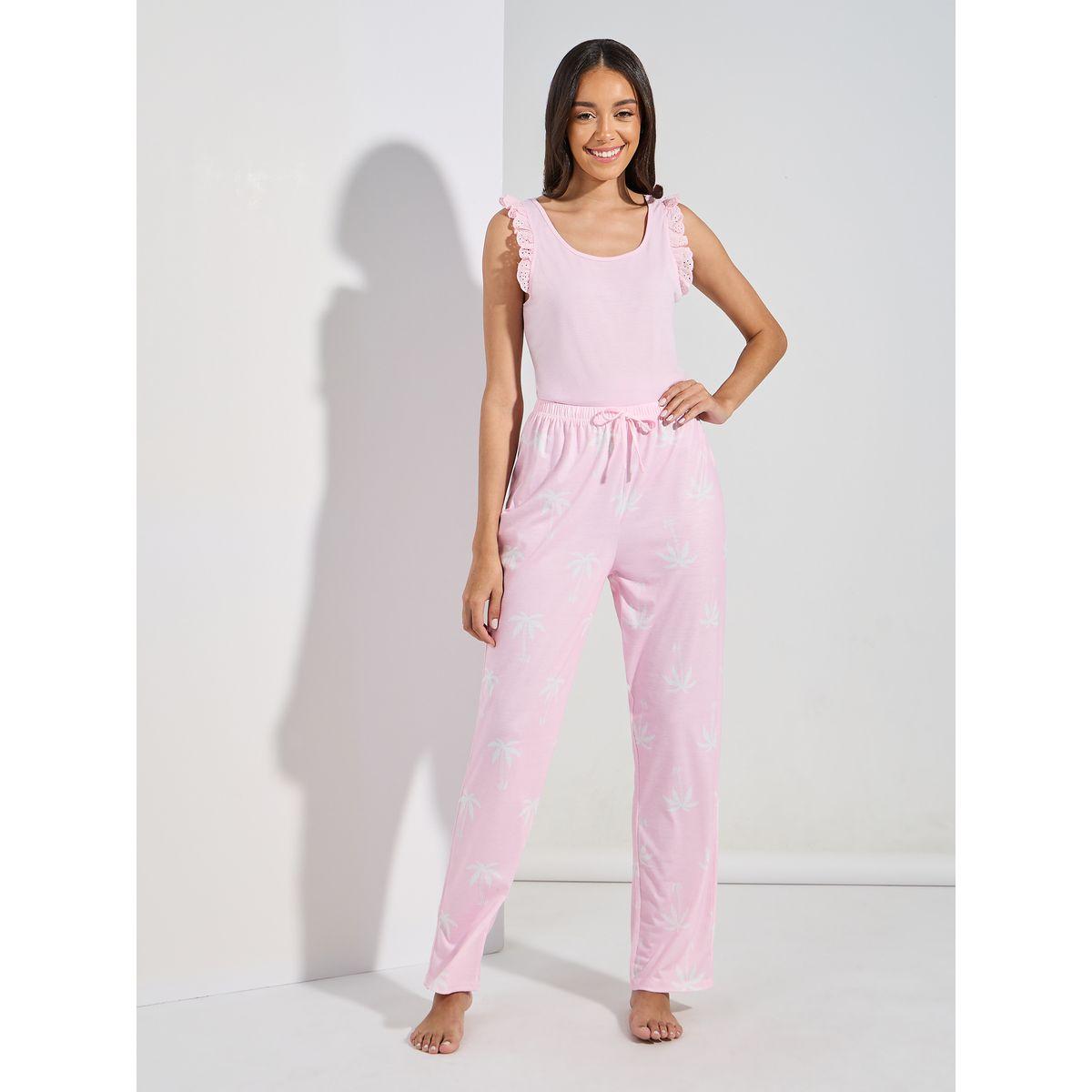 Styli Unwind Schiffli Trim Solid Vest & Shell Print Pyjama Set-women-clothing-nightwear-pyjamas-longsets-image-5