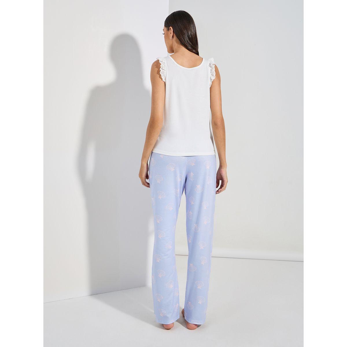 Styli Unwind Schiffli Trim Solid Vest & Shell Print Pyjama Set-women-clothing-nightwear-pyjamas-longsets-image-7