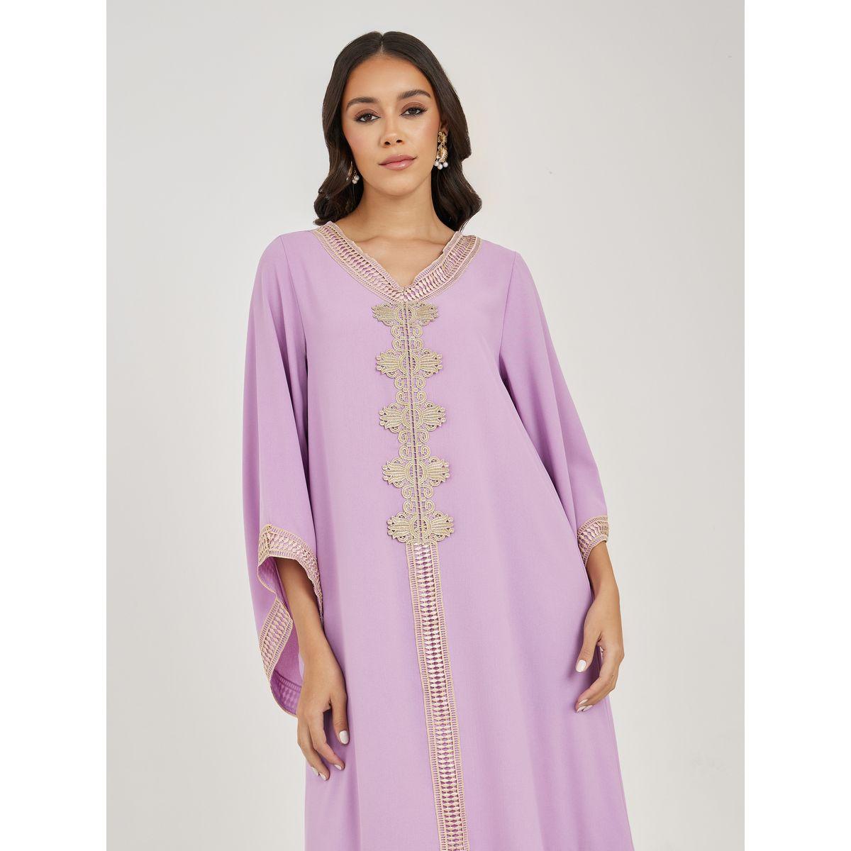 Styli Flared Sleeves Jalabiya with Lace Trim-women-arabicclothing-jalabiyas-image-2