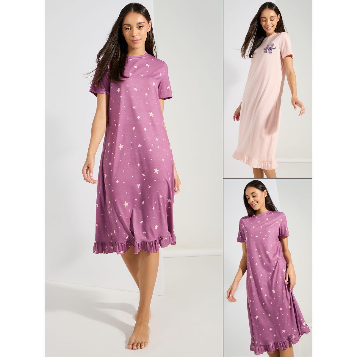 Styli Unwind Pack of 2 - Slogan  Ruffle Hem & AOP Star Sleep T-Shirt Dress-women-clothing-nightwear-nighties-image-1