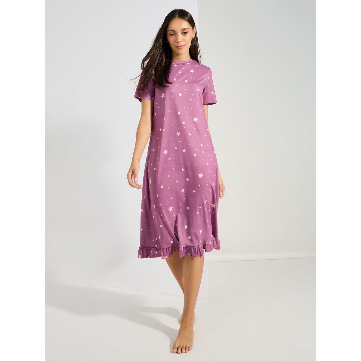 Styli Unwind Pack of 2 - Slogan  Ruffle Hem & AOP Star Sleep T-Shirt Dress-women-clothing-nightwear-nighties-image-2