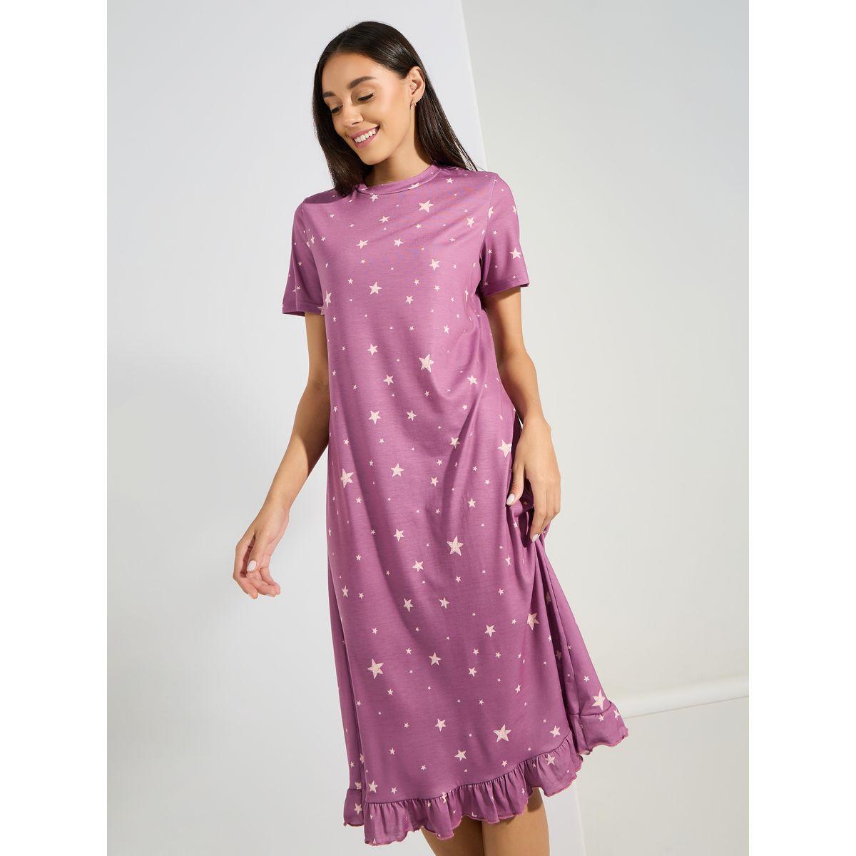 Styli Unwind Pack of 2 - Slogan  Ruffle Hem & AOP Star Sleep T-Shirt Dress-women-clothing-nightwear-nighties-image-3