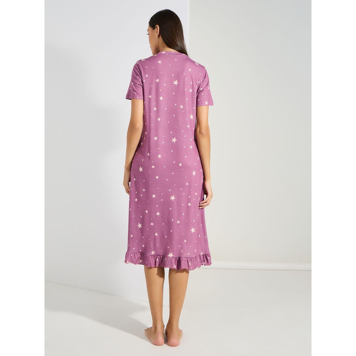 Styli Unwind Pack of 2 - Slogan  Ruffle Hem & AOP Star Sleep T-Shirt Dress-women-clothing-nightwear-nighties-image-5