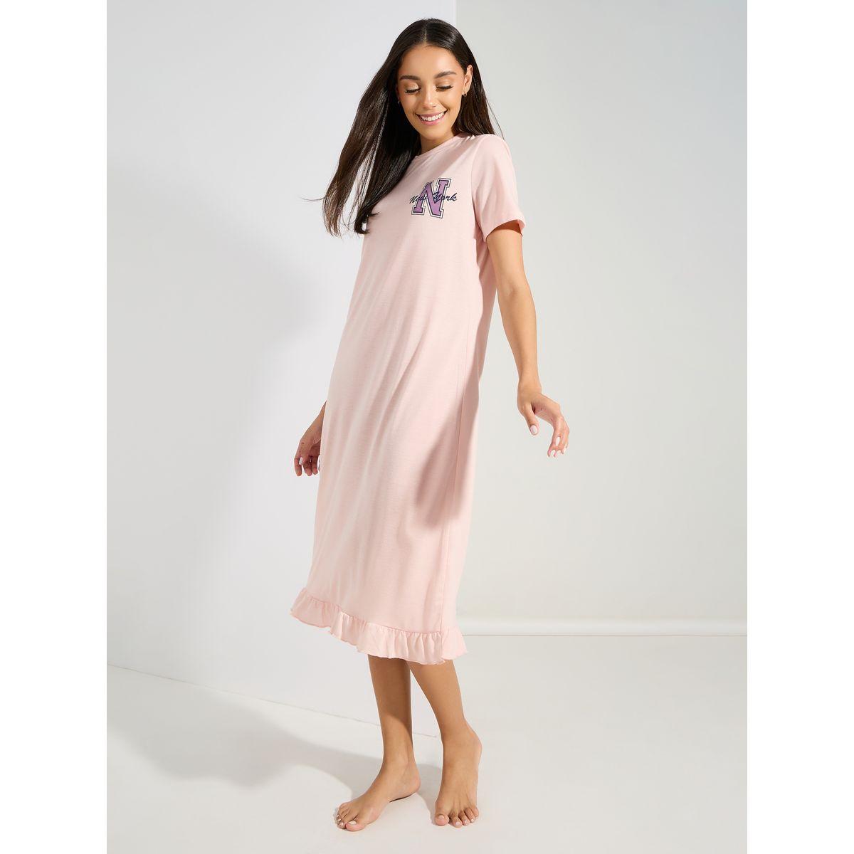 Styli Unwind Pack of 2 - Slogan  Ruffle Hem & AOP Star Sleep T-Shirt Dress-women-clothing-nightwear-nighties-image-6