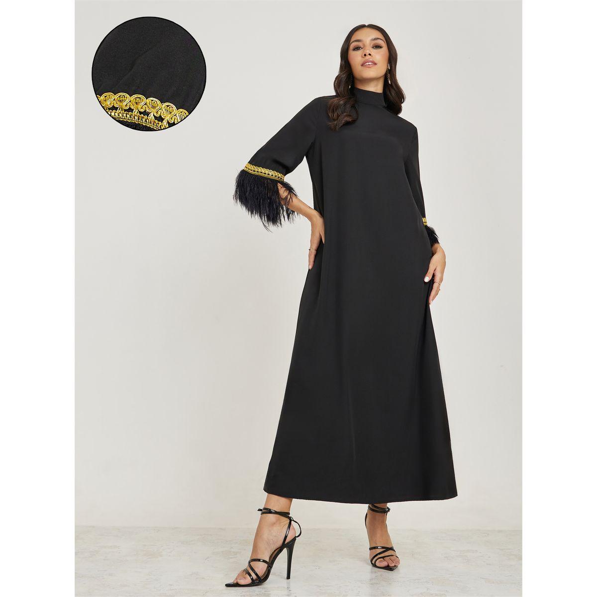 Styli Faux Feather Trim Jalabiya with Lace Detail-women-arabicclothing-jalabiyas-image-1