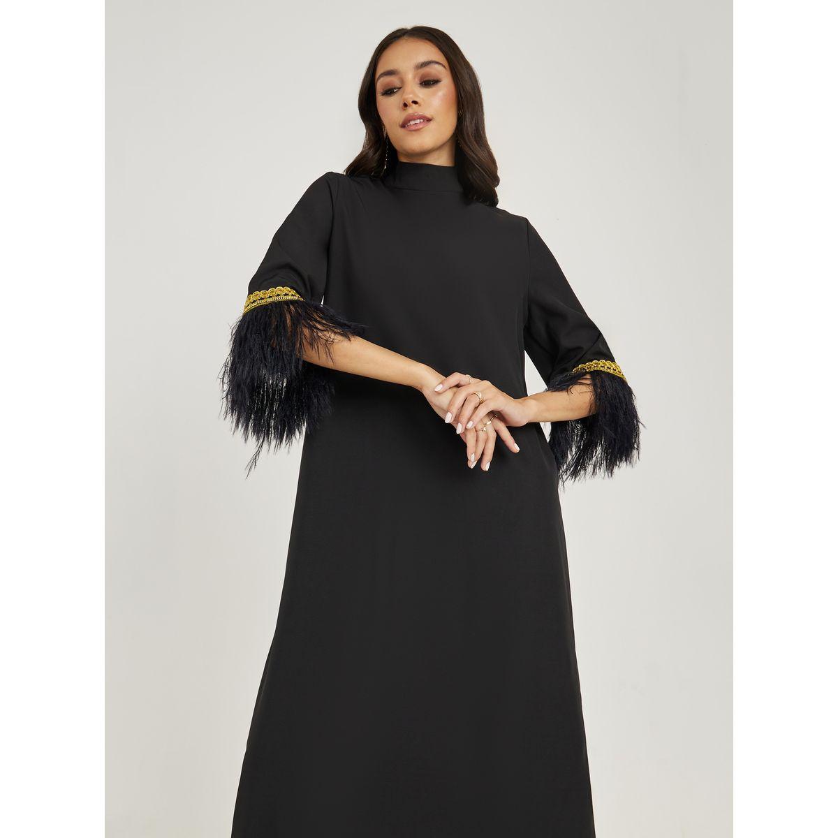 Styli Faux Feather Trim Jalabiya with Lace Detail-women-arabicclothing-jalabiyas-image-2