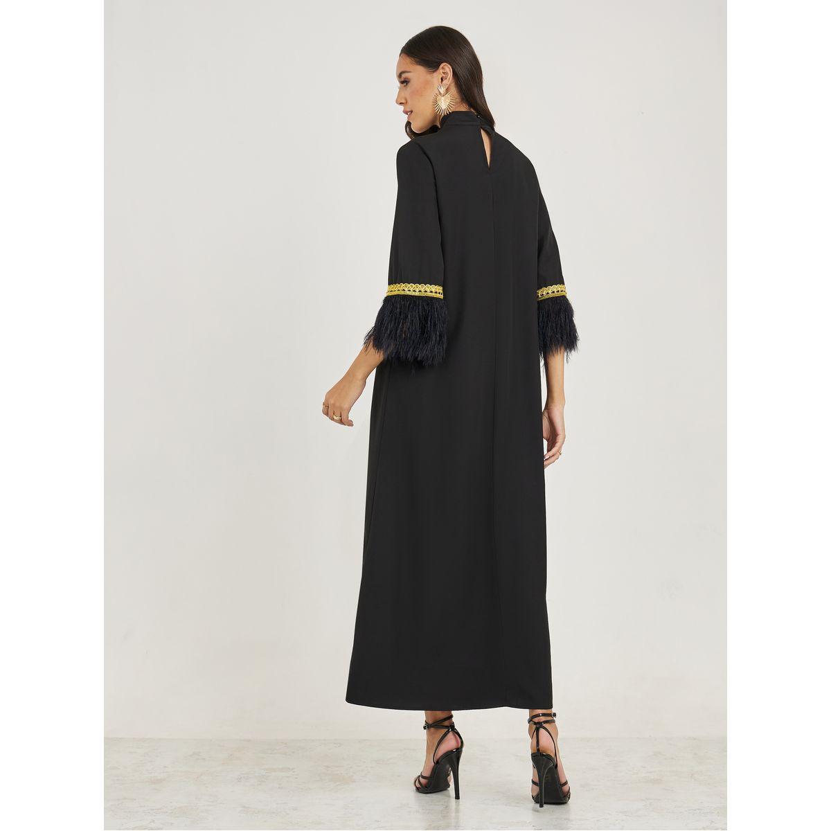 Styli Faux Feather Trim Jalabiya with Lace Detail-women-arabicclothing-jalabiyas-image-4