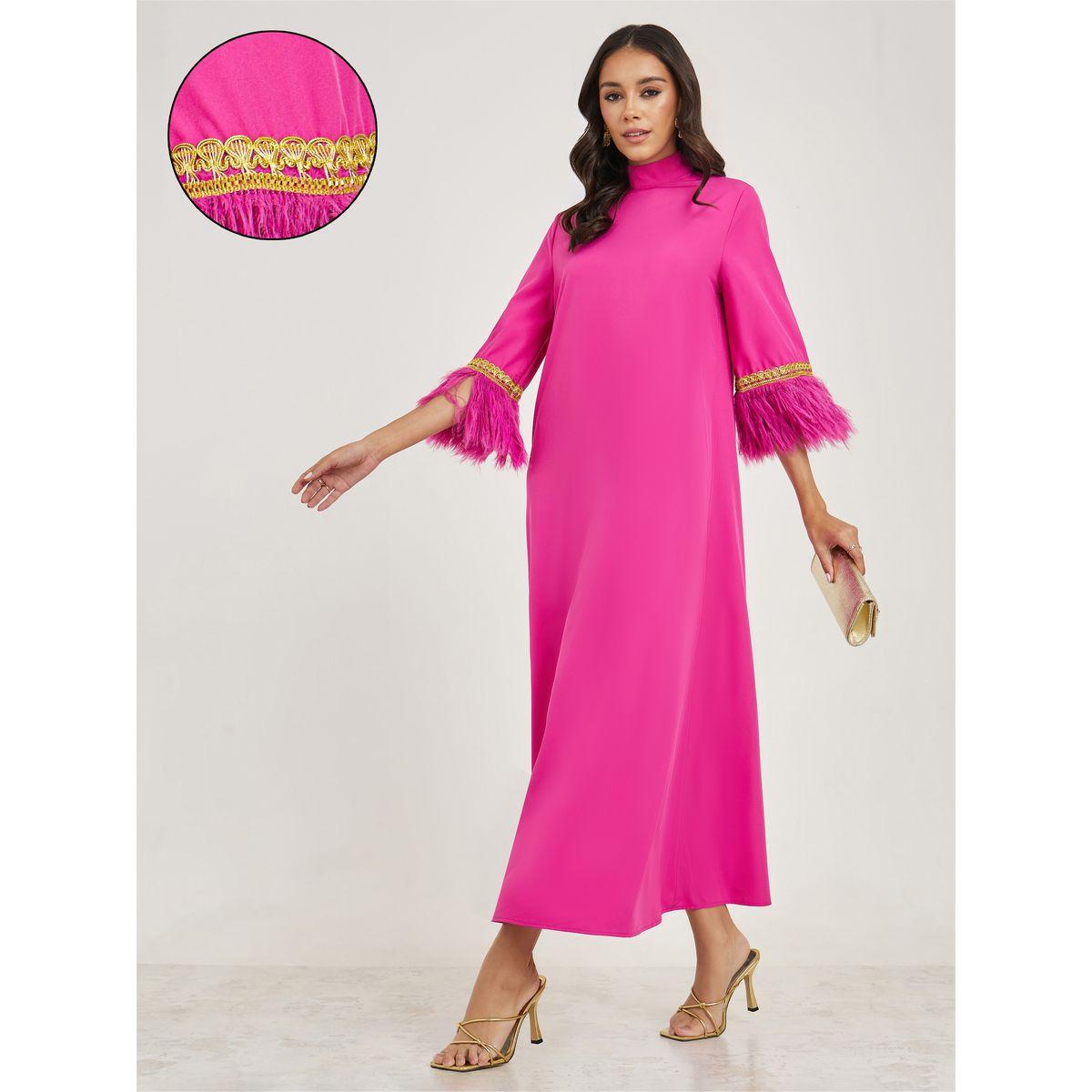 Styli Faux Feather Trim Jalabiya with Lace Detail-women-arabicclothing-jalabiyas-image-1