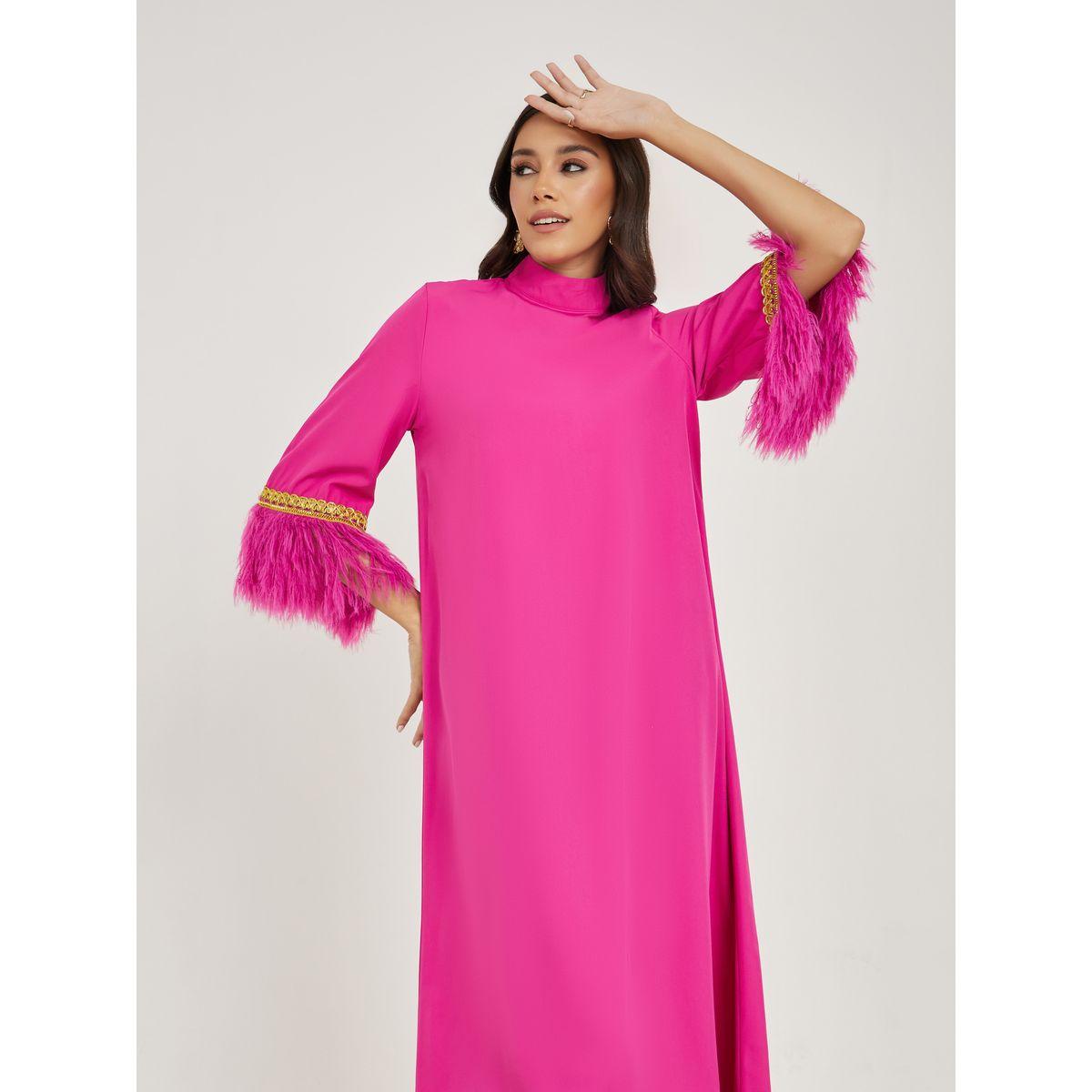 Styli Faux Feather Trim Jalabiya with Lace Detail-women-arabicclothing-jalabiyas-image-2