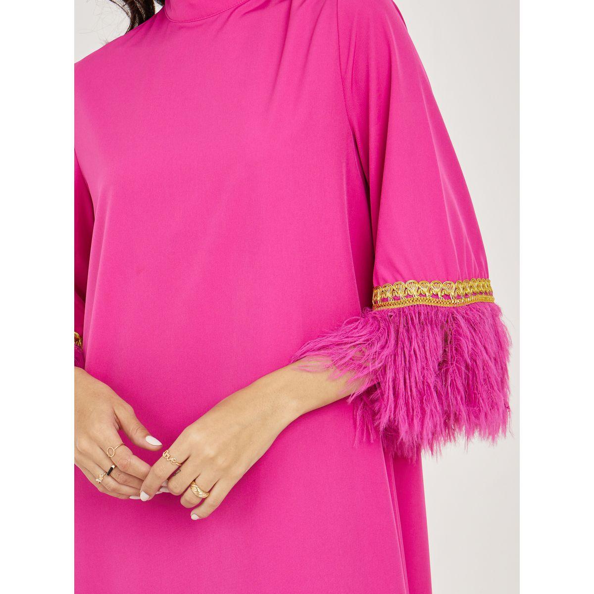 Styli Faux Feather Trim Jalabiya with Lace Detail-women-arabicclothing-jalabiyas-image-3