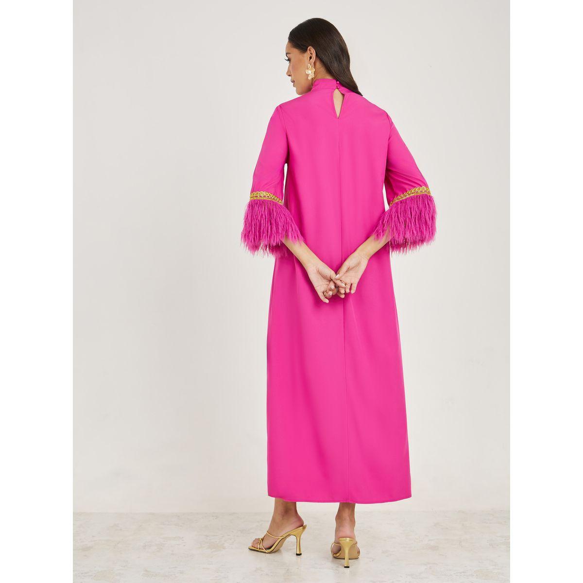 Styli Faux Feather Trim Jalabiya with Lace Detail-women-arabicclothing-jalabiyas-image-4