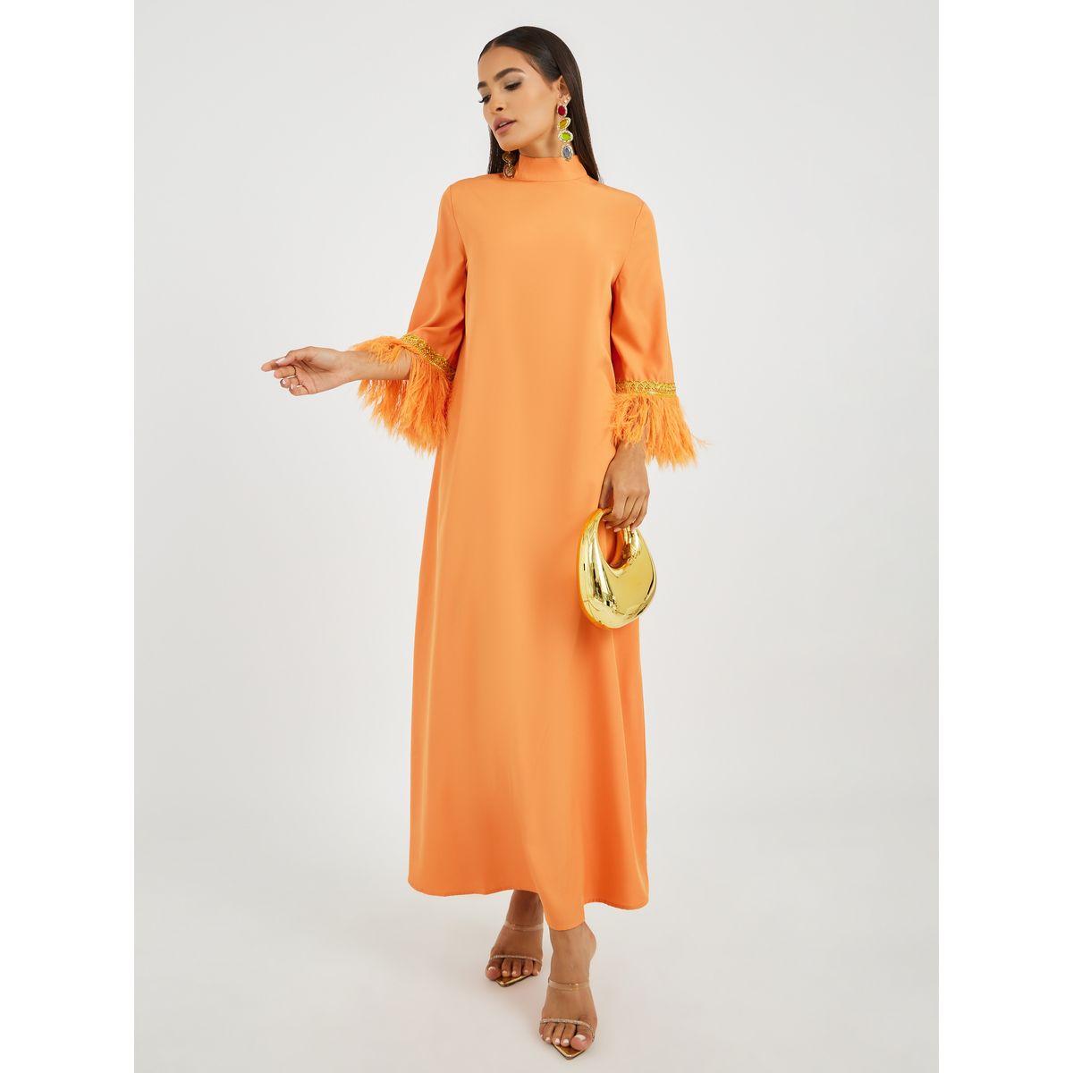أميرة x ستايلي جلابية مزينة بريش صناعي وتفاصيل دانتيل-women-arabicclothing-jalabiyas-image-1