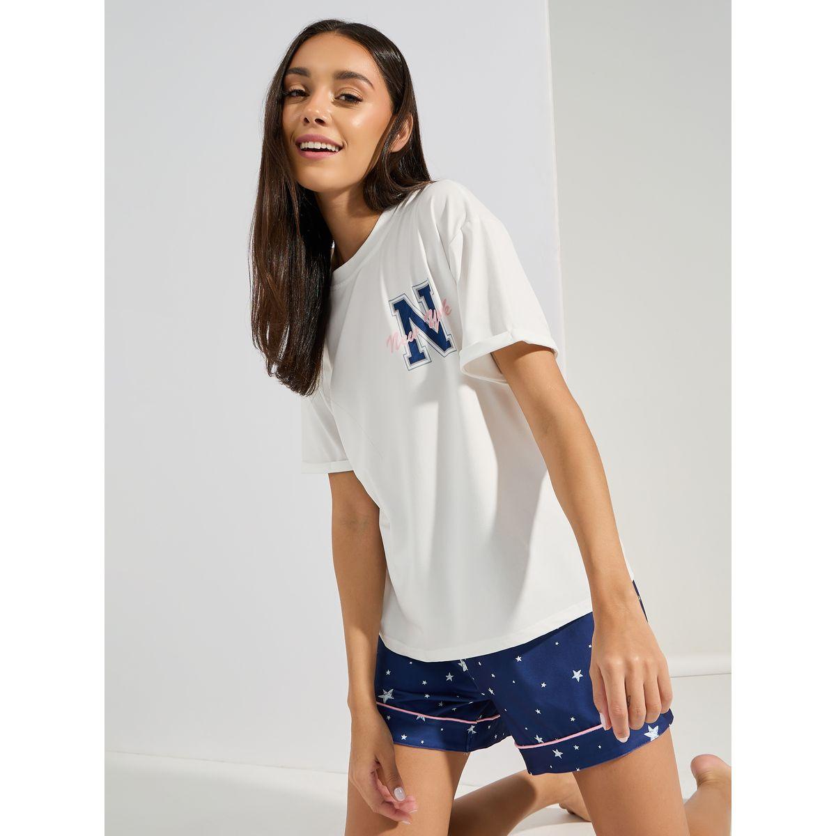 Styli Unwind NY Graphic T-Shirt & Side Star Print Shorts Set-women-clothing-nightwear-pyjamas-shortsets-image-1