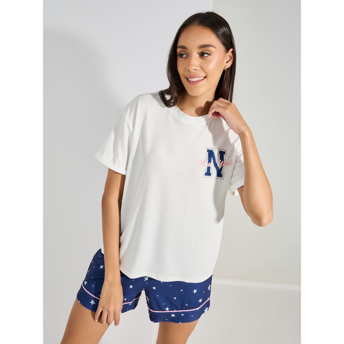 Styli Unwind NY Graphic T-Shirt & Side Star Print Shorts Set-women-clothing-nightwear-pyjamas-shortsets-image-3