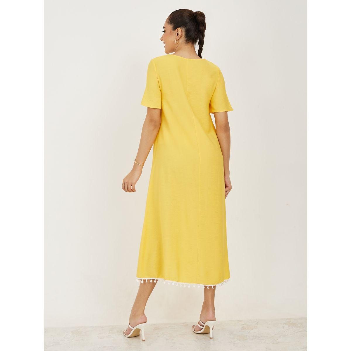 Styli Solid Shift Midi Dress with Pompom Detail-women-clothing-dresses-image-4