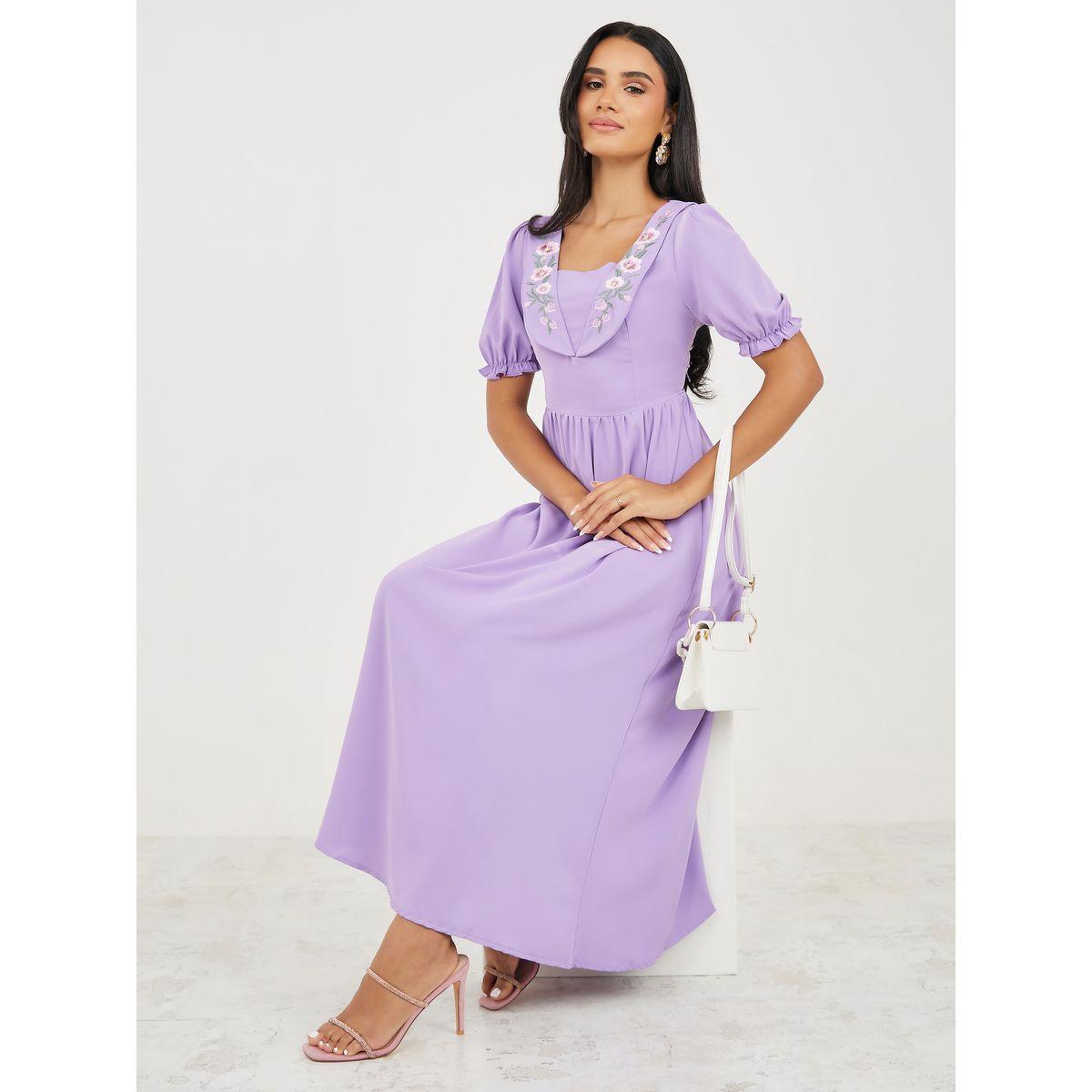 Styli Embroidery Neck Detail Puff Sleeve Midi Dress-women-clothing-dresses-image-1