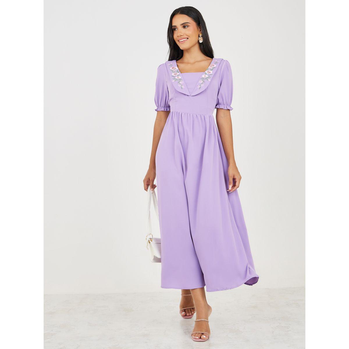 Styli Embroidery Neck Detail Puff Sleeve Midi Dress-women-clothing-dresses-image-2