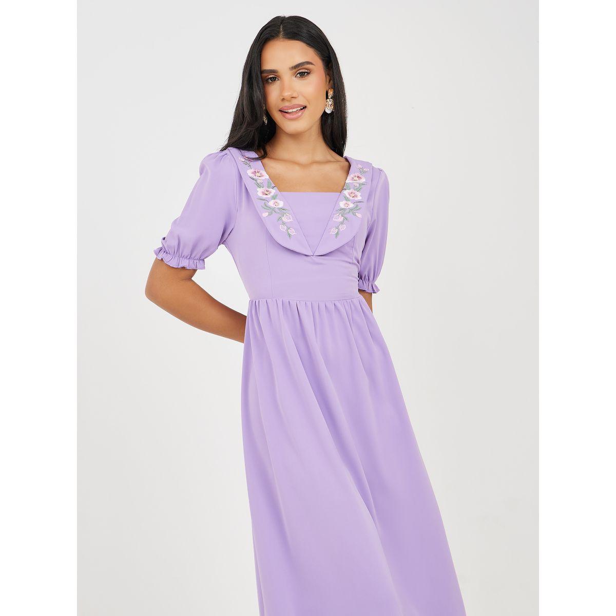 Styli Embroidery Neck Detail Puff Sleeve Midi Dress-women-clothing-dresses-image-3