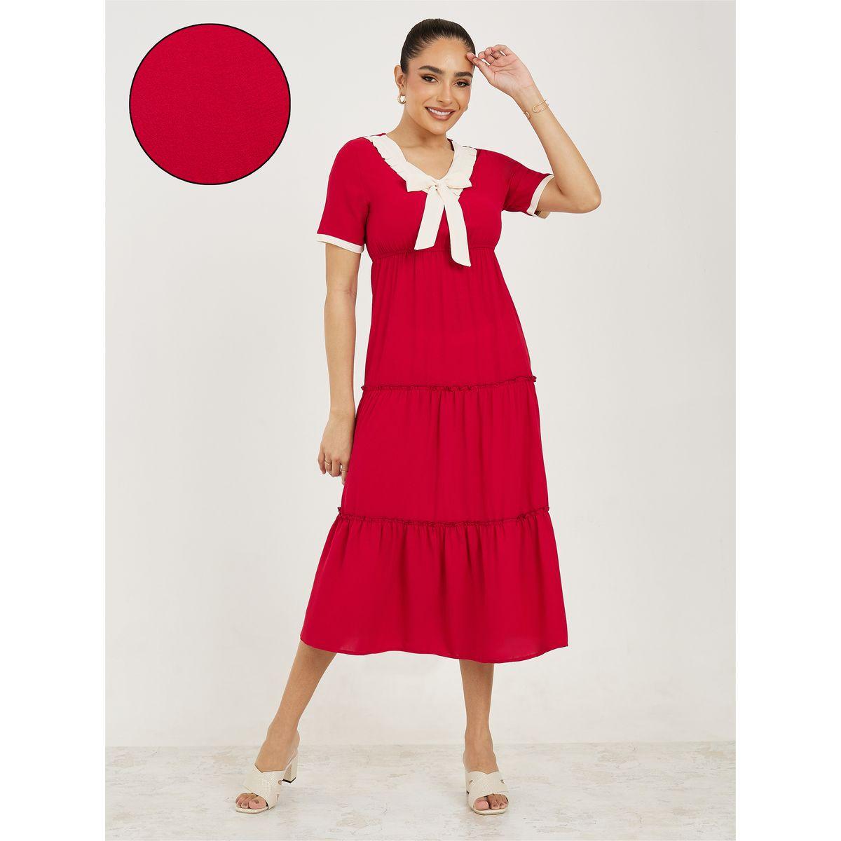 Styli Contrast Neck Bow Detail Tiered Midi Dress-women-clothing-dresses-image-1