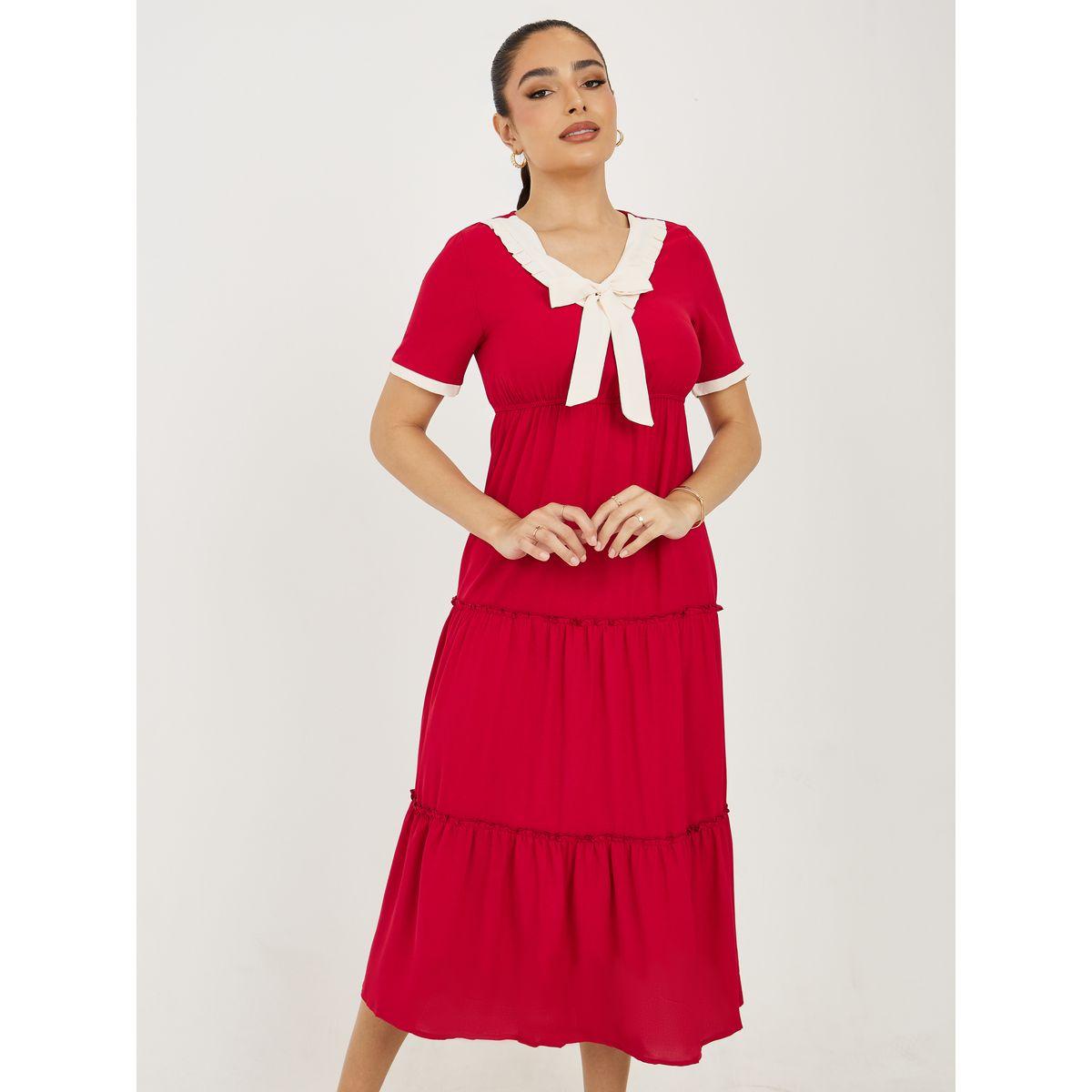 فستان ميدي بتفاصيل مُتباينة وربطة فيونكة-women-clothing-dresses-image-2