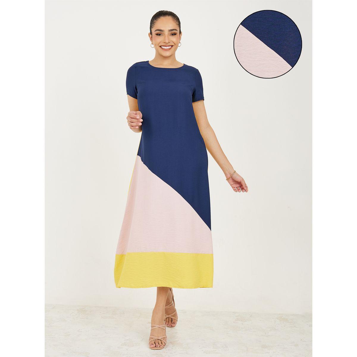 فستان ميدي بنمط كتل الالوان وياقة دائرية-women-clothing-dresses-image-1