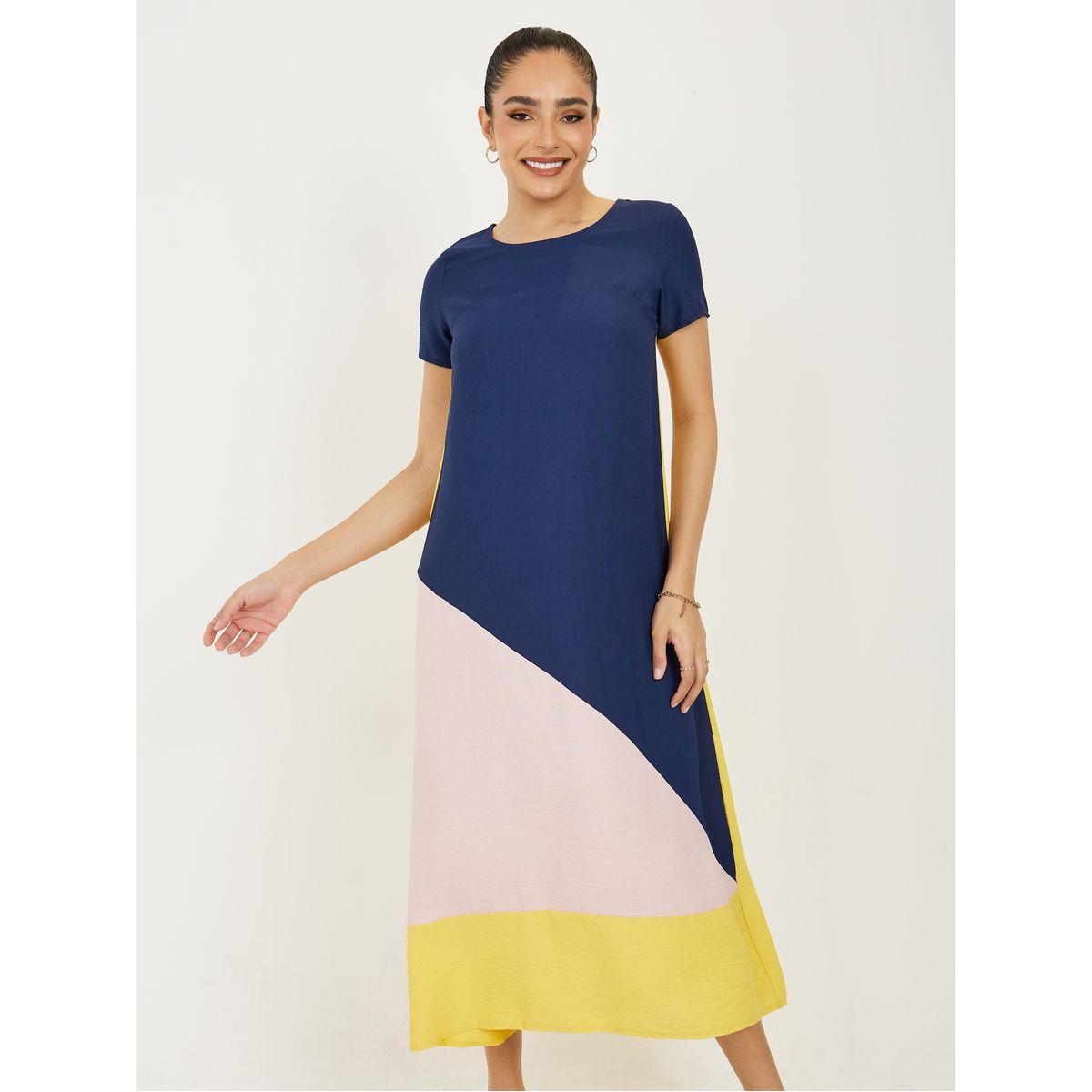 فستان ميدي بنمط كتل الالوان وياقة دائرية-women-clothing-dresses-image-2
