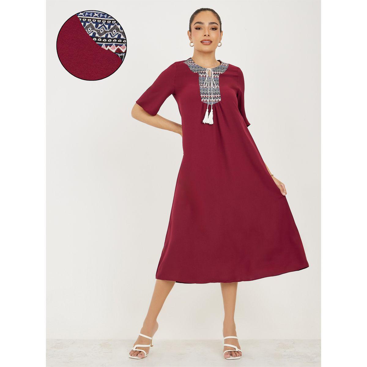 Styli Embroidery Front Detail A-Line Midi Dress-women-clothing-dresses-image-1