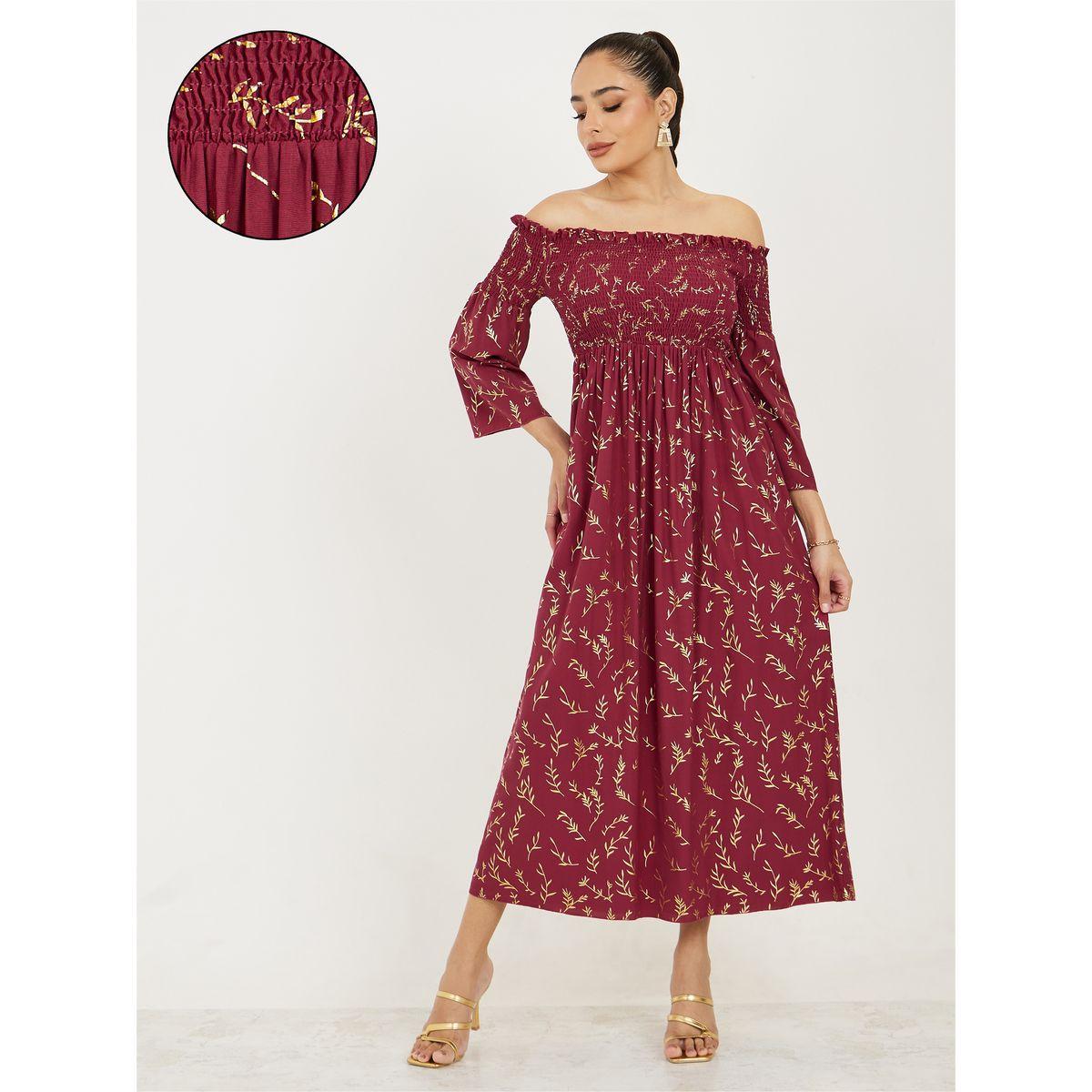 Styli Off Shoulder Neck Foil Print Midi Dress with 3/4 Sleeve-women-clothing-dresses-image-1